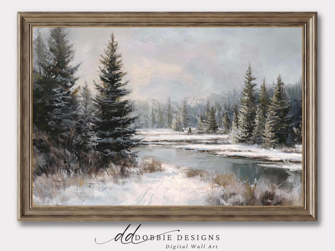 Winter River Landscape Wall Art Printable Snowy Forest River Painting ...