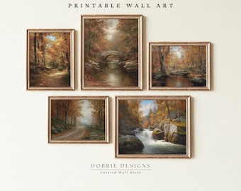 Vintage Fall Landscape Printable Wall Art Set of 5 Autumn Forest Prints New England Woodland Oil Painting Gallery Wall Decor 260146B