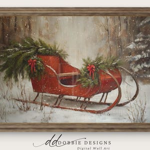 May include: A framed winter scene depicts a red sleigh adorned with evergreen boughs and red bows. The sleigh is set in a snowy landscape with a forest backdrop. The artwork is a digital wall art print.