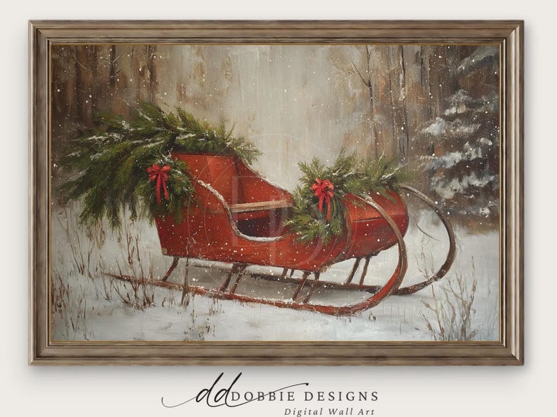 May include: A framed winter scene depicts a red sleigh adorned with evergreen boughs and red bows. The sleigh is set in a snowy landscape with a forest backdrop. The artwork is a digital wall art print.