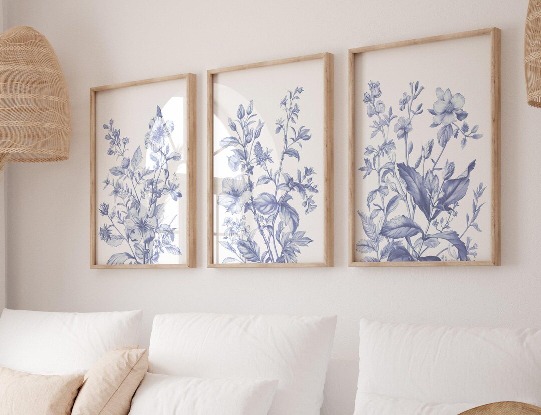 Blue Floral Set of 3 Prints, Chinoiserie Wall Art, Vintage Blue Floral ...