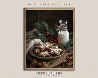 Christmas Kitchen Wall Art Vintage Cookies and Milk Printable for Cozy Holiday Shelf Table Decor Gingerbread Christmas Eve 251072-10V