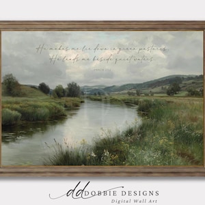 Psalm 23 Wandkunst Er führt mich neben Stillgewässern Vintage Landschaft Schriftdruck Christliche Wandkunst druckbare Bibel-Verskunst 260027