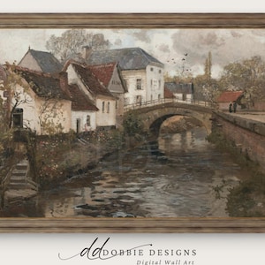 Vintage European Village Painting Moody River Bridge Art Antique-Style Decor Digital Download 252021