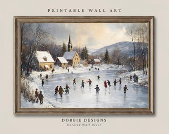 クリスマスビレッジのアイススケートウォールアート、冬の池のプリント、農家風リビングルーム、ノスタルジックなホリデーデコレーション、季節のバスルームアート 251072-24