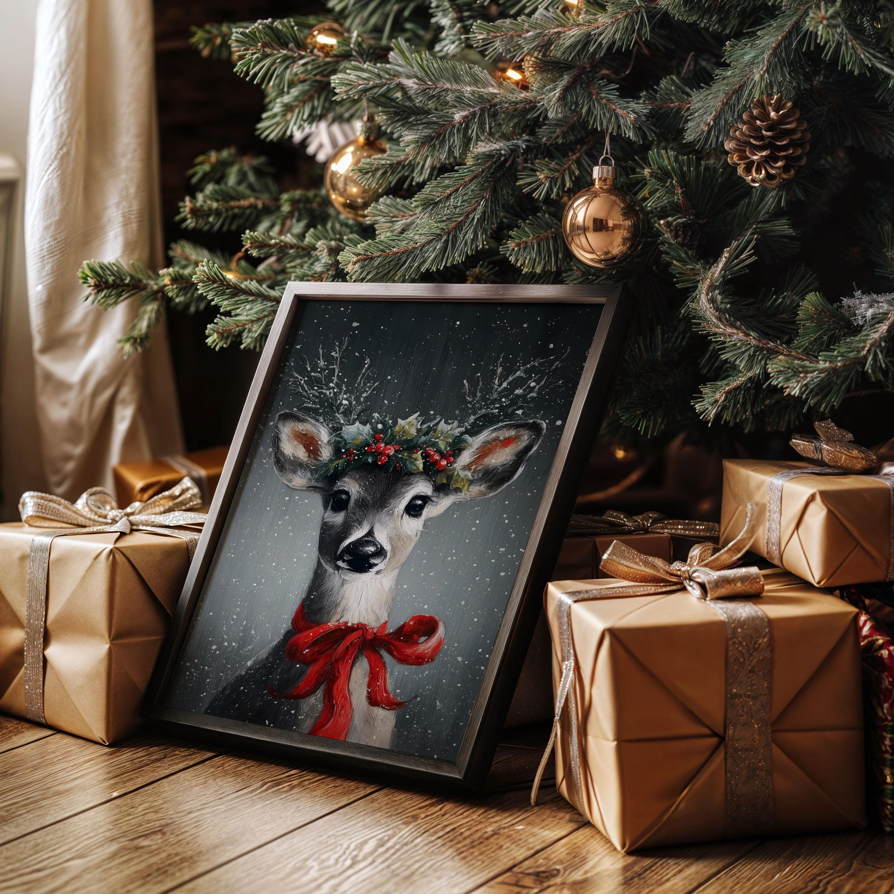 Christmas Deer Wall Art Printable Holiday Reindeer Portrait With Red ...