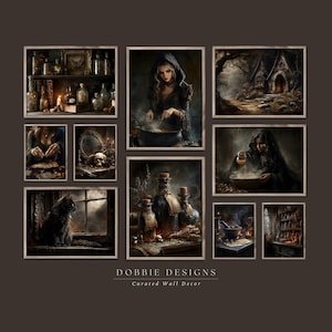 May include: A collection of nine framed wall art prints featuring dark, atmospheric scenes of figures in hooded cloaks, potion bottles, a black cat, a skull, and a cottage. The text DOBBIE DESIGNS Curated Wall Decor is printed at the bottom.
