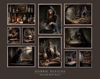 Witch Gallery Wall Art Set of 10 Printable Halloween Decor Gothic Apothecary Cauldron Tarot Black Cat Witchy Moody Digital Download 251050