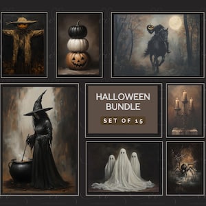 May include: A set of 15 Halloween-themed digital art prints featuring images of a witch, a scarecrow, a jack-o-lantern, a ghost, a spider, and a candelabra. The title "Halloween Bundle Set of 15" is displayed on a brown background.