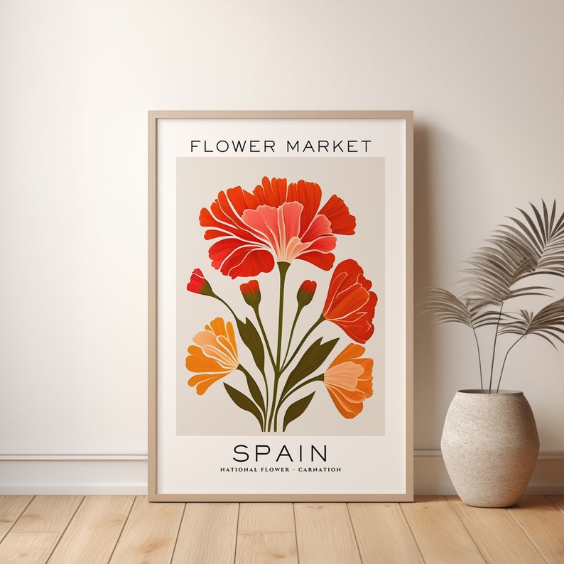 Spain Flower Market Print, Botanical Wall Art, Spain Flower Market Poster, Spain National Flower Print, Spain Travel Art, Carnation Print image 10