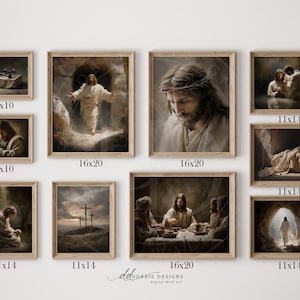 May include: A collection of framed art prints featuring religious imagery. The prints depict scenes of Jesus, including portraits, biblical events, and symbolic representations. The frames are a light brown color, and the prints vary in size, with the largest being 16x20 inches.