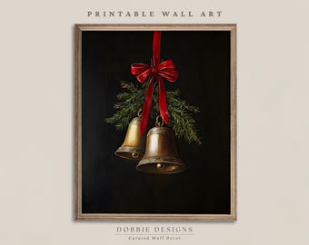 Vintage Christmas Bells Print Moody Christmas Wall Art Gold Bells with Red Bow Painting Dark Holiday Decor Printable 241082-16