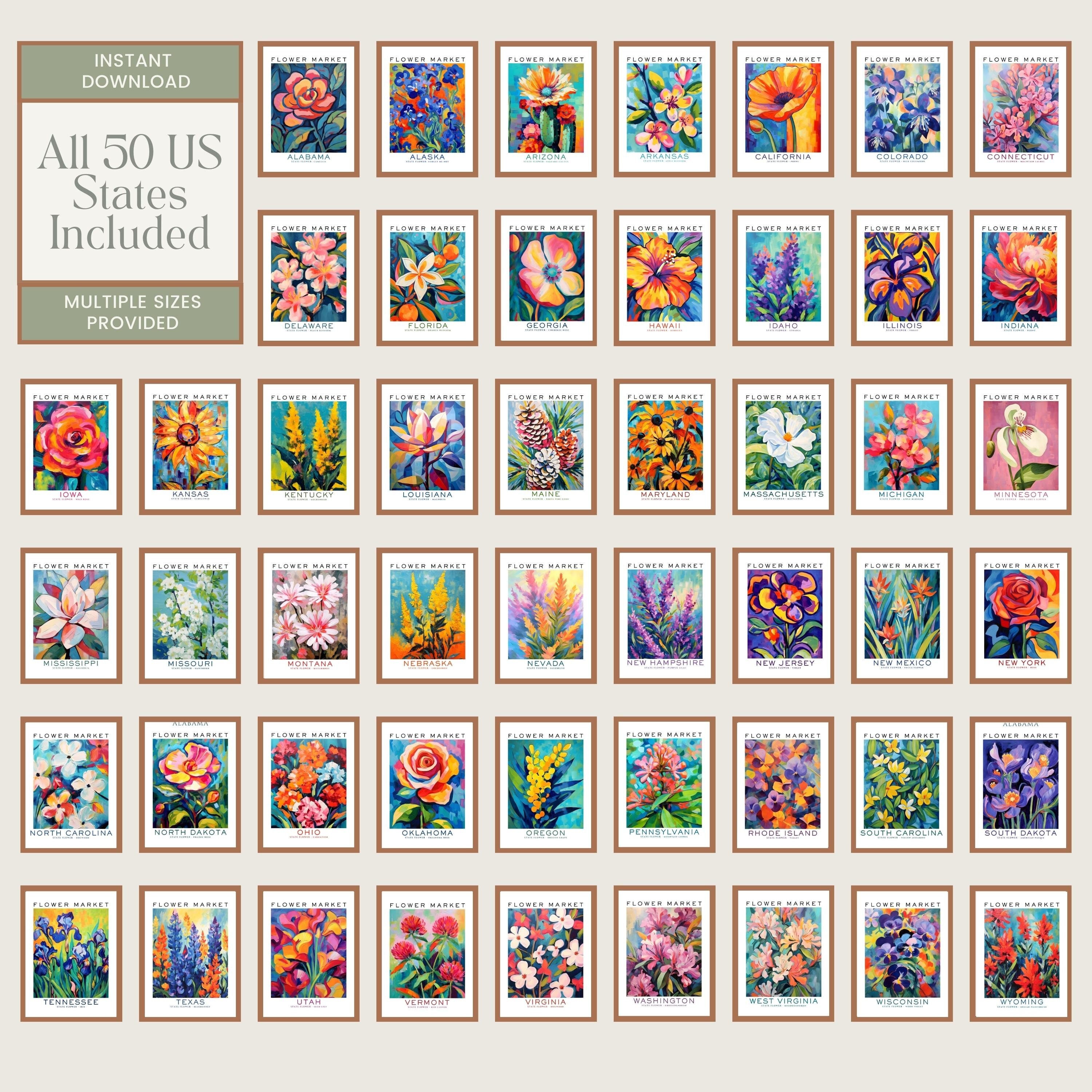 State Flower Print Bundle, Wall Art Print 50 US States, Flower Market ...