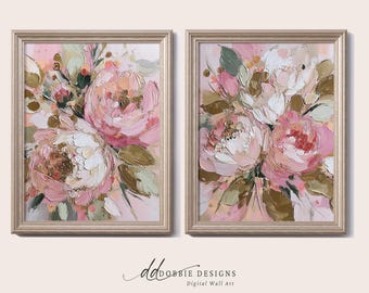 ブラッシュフローラルウォールアート2点セット 抽象的な花の絵画 デジタルダウンロード モダンボヘミアン 印刷可能 寝室やリビングルームの装飾 251032-1