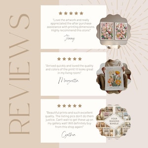 May include: A customer review graphic featuring the word REVIEWS in large vertical text. Three white rectangular boxes contain five-star ratings, customer testimonials from Jenny, Margretta, and Cynthia, and circular image inserts of floral art.