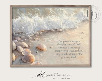 Salmo 139:17-18 Versículo bíblico impreso Arte mural con escritura costera Granos de arena Imprimible Conchas marinas de playa Basadas en la fe Descarga digital 251039-4