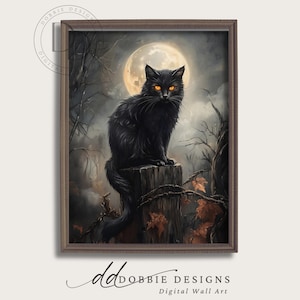 Black Cat Halloween Wall Art Gothic Full Moon Cat Digital Download Witchcore Haunted Autumn Printable Spooky Wall Art Decoration 251044-2