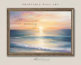 Psalm 30:5 Bible Verse Print Christian Coastal Scripture Wall Art Joy Comes in the Morning Sunrise Ocean Painting Faith Based Art 251039-10