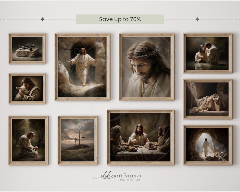 May include: A collection of ten framed wall art prints featuring religious scenes, including depictions of Jesus, the crucifixion, the Last Supper, and a crown of thorns. The prints are displayed in light wood frames against a neutral wall.