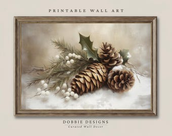 クリスマス松ぼっくりとヒイラギのホリデーウォールアート ヴィンテージクリスマスプリントウォールアート 素朴な冬のウォールアートプリント 松ぼっくりとヒイラギ 241082-25