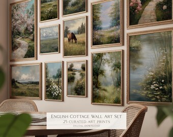 English Cottage Wall Art Set of 25 Prints Vintage Countryside Gallery Wall Neutral Landscape Printable Living Room Decor 260138