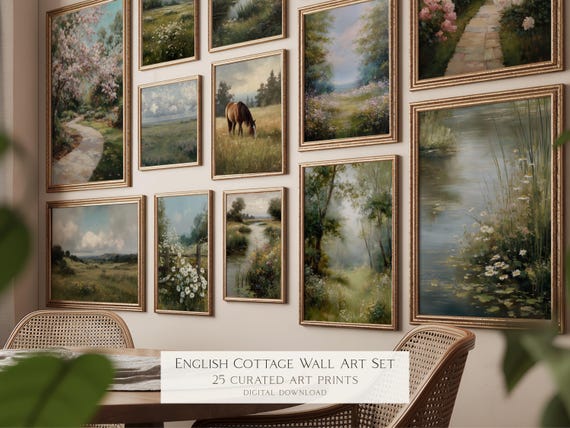 English Cottage Wall Art Set of 25 Prints Vintage Countryside Gallery Wall Neutral Landscape Printable Living Room Decor 260138