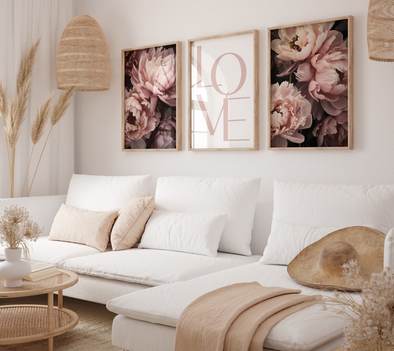 Romantic Love Floral Wall Art Set, Blush Pink Peony Prints, Modern Home ...
