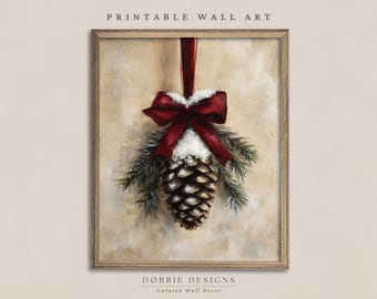 松ぼっくりのクリスマスウォールアート、赤いリボン付きヴィンテージウィンタープリント、素朴なファームハウスホリデーデコレーション、印刷可能ダウンロード 241086-7