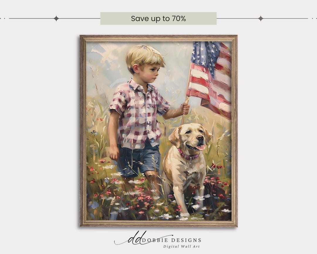 4th of July Wall Art Boy and Dog With Flag Patriotic Wall Decor ...