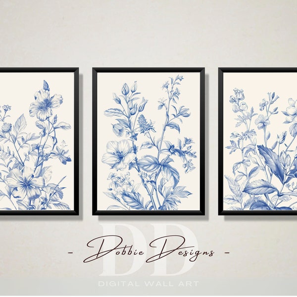 Blue Chinoiserie Set of 3 Prints, Chinoiserie Wall Art, Vintage Blue Floral Print, Chinoiserie Wall Decor, Blue and White Wall Art, 241050