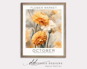 Birth Month Flower Wall Art Print October Marigold Floral Painting Vintage Botanical Art Neutral Flower Artwork Birth Flower Gift 260011