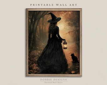 Vintage Witch Halloween Wall Art Gothic Witch and Black Cat Printable Moody Autumn Forest Spooky Victorian Halloween Decor 251044-18