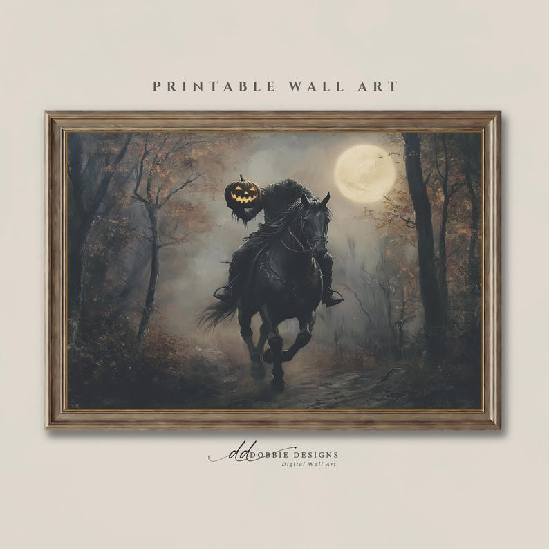 Headless Horseman Wall Art Sleepy Hollow Vintage Halloween Decor Dark Academia Moody Autumn Painting Pumpkin Head Poster 241077-10 image 1