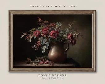 Moody Christmas Floral Wall Art Elegant Holiday Decor Dark Flower Still Life Printable Vintage Christmas Painting Dining Room 251072-7