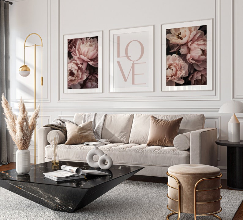 Romantic Love Floral Wall Art Set, Blush Pink Peony Prints, Modern Home ...