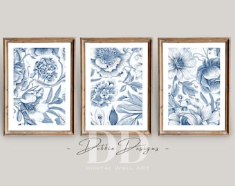 Blue Chinoiserie Set of 3 Prints, Chinoiserie Wall Art, Vintage Blue Floral Print, Chinoiserie Wall Decor, Blue and White Wall Art, Volume 2