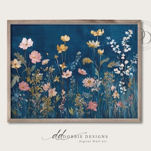 Mid Century Blumen Landschaft Kunst Botanische Wildblumen Malerei Cottagecore Dekor Blau Botanischer Garten Stimmungsvoll Wildblumen Feld Printable 251035-26