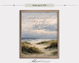 Bible Verse Wall Art Psalm 116:7 Return to Your Rest My Soul Christian Coastal Print Neutral Beach Landscape Scripture Wall Decor 260095