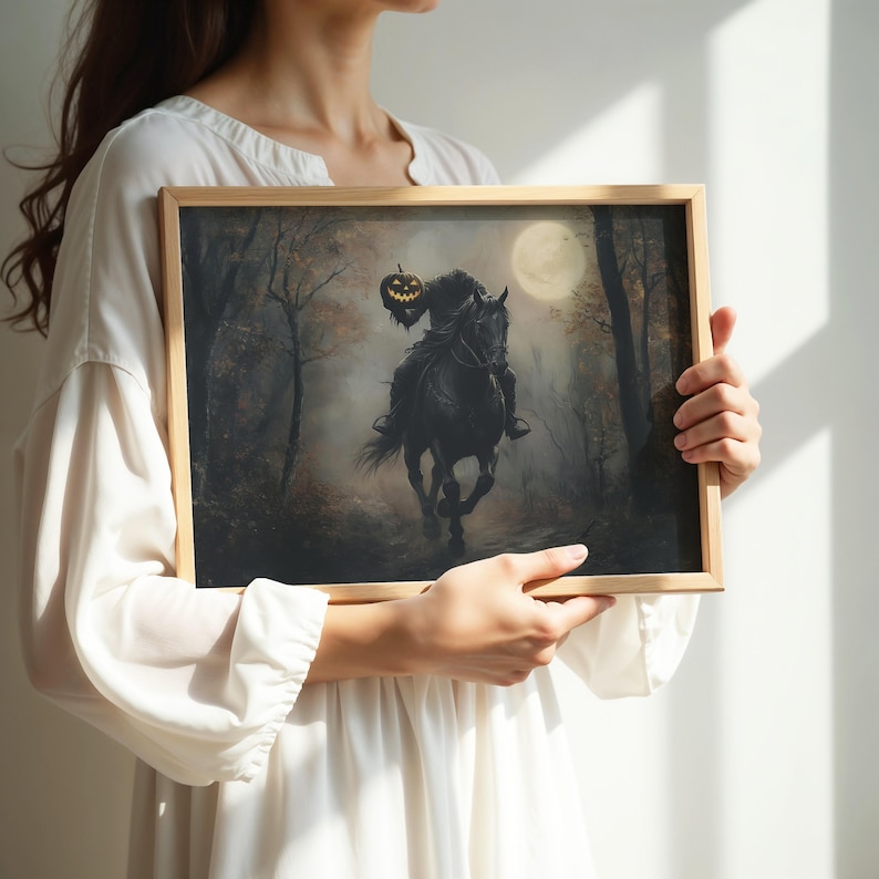 Headless Horseman Wall Art Sleepy Hollow Vintage Halloween Decor Dark Academia Moody Autumn Painting Pumpkin Head Poster 241077-10 image 5