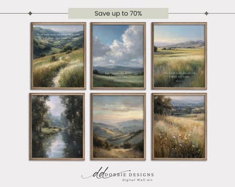 Christian Wall Art Set of 6 Bible Verse Prints Neutral Landscape Art Psalm 23 Jeremiah 29 Vintage Meadow Faith Artwork Set 260088