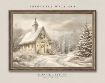 クリスマス教会壁掛けアート 印刷可能 中性的な雪景色の教会絵画 ヴィンテージ風冬の礼拝堂 素朴なキリスト教クリスマス装飾 241082-1​​9