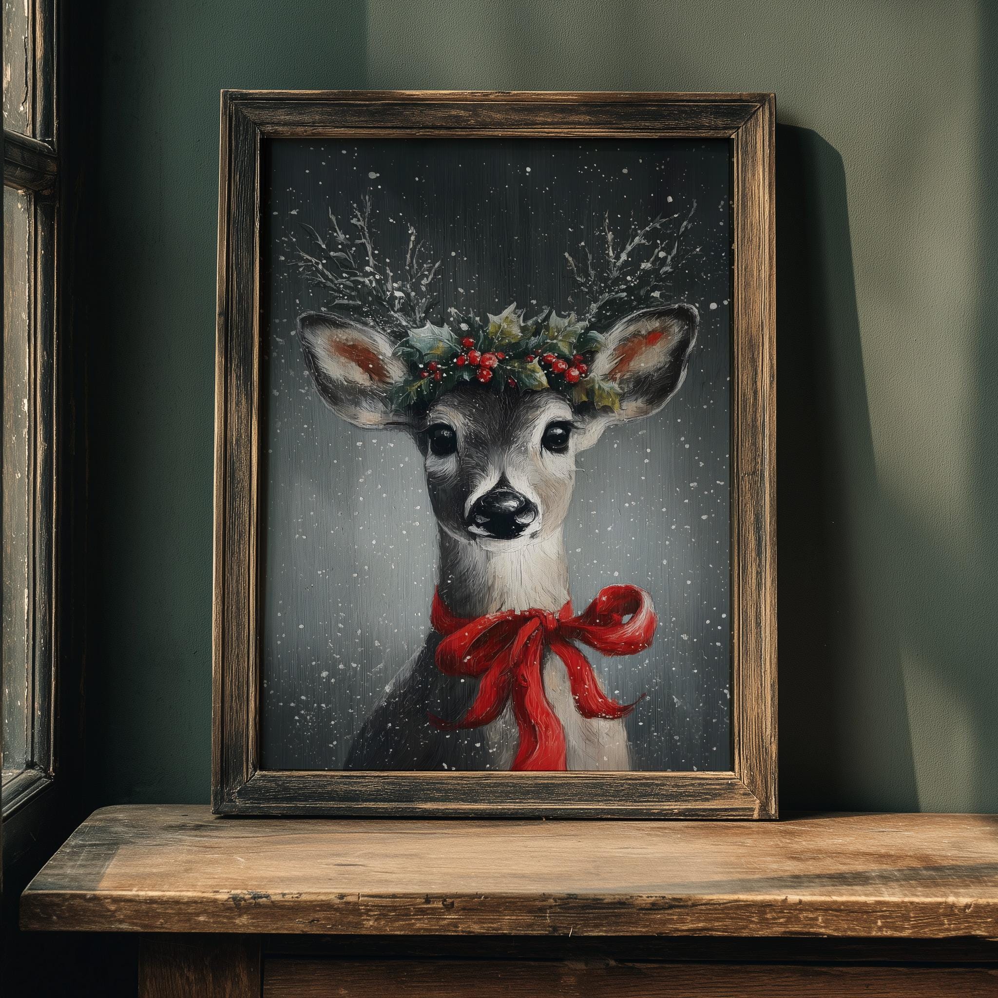 Christmas Deer Wall Art Printable Holiday Reindeer Portrait With Red ...