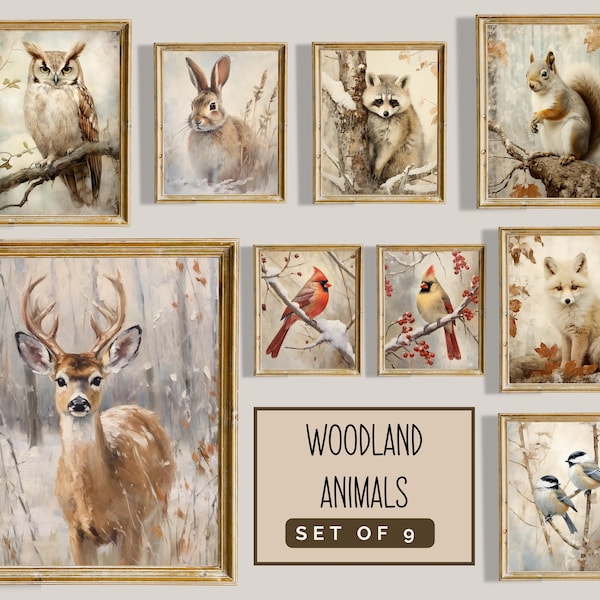 Winter Woodland Animals Wall Art, Set of 9 Prints, Vintage Winter Prints, Rustic Home Decor, Forest Animals, Winter Birds, Nature Prints