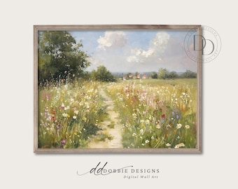 May include: A framed landscape painting depicts a sunlit meadow path lined with wildflowers. The artwork features a blue sky with fluffy clouds, a distant village, and lush green trees. The painting is labeled "Dobbied Designs Digital Wall Art."