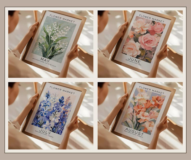 Lot de 12 fleurs pour le mois de naissance, oeuvre d'art murale florale neutre, cadeau pour le mois de naissance, impression du mois de naissance, impression du marché aux fleurs, impression de fleurs de naissance image 5