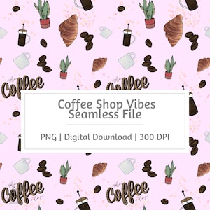 Cafetería Fondo Rosa Patrón Sin Costuras Acogedor Café Clip Art Tazas de Café Cafetería Estética Descarga Digital Diseño de Sublimación Café Kawaii