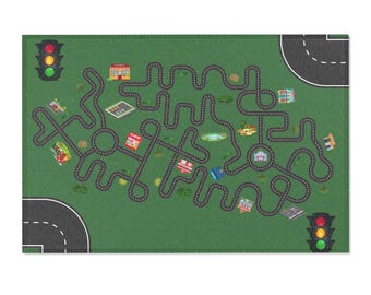 Road Race Track Play Mat Area Rug | Kids Car Town Rug, Traffic Lights Playroom Carpet