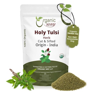 Organic Way Holy Tulsi / Holy Basil Herb Cut & Sifted - Organic, Kosher, USDA Certified | Raw, Vegan, Non GMO, Gluten Free | Origin - India