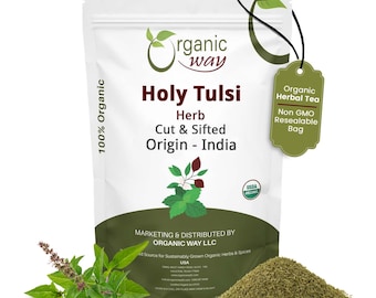Organic Way Holy Tulsi / Holy Basil Herb Cut & Sifted - Organic, Kosher, USDA Certified | Raw, Vegan, Non GMO, Gluten Free | Origin - India