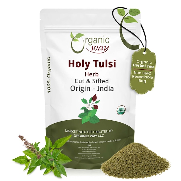 Organic Way Holy Tulsi / Holy Basil Herb Cut & Sifted - Organic, Kosher, USDA Certified | Raw, Vegan, Non GMO, Gluten Free | Origin - India